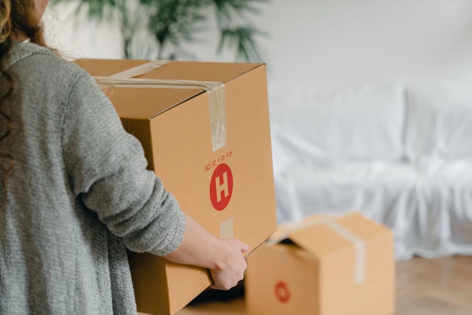 A person carries a taped moving box through a living room where a sofa is covered with a protective sheet.